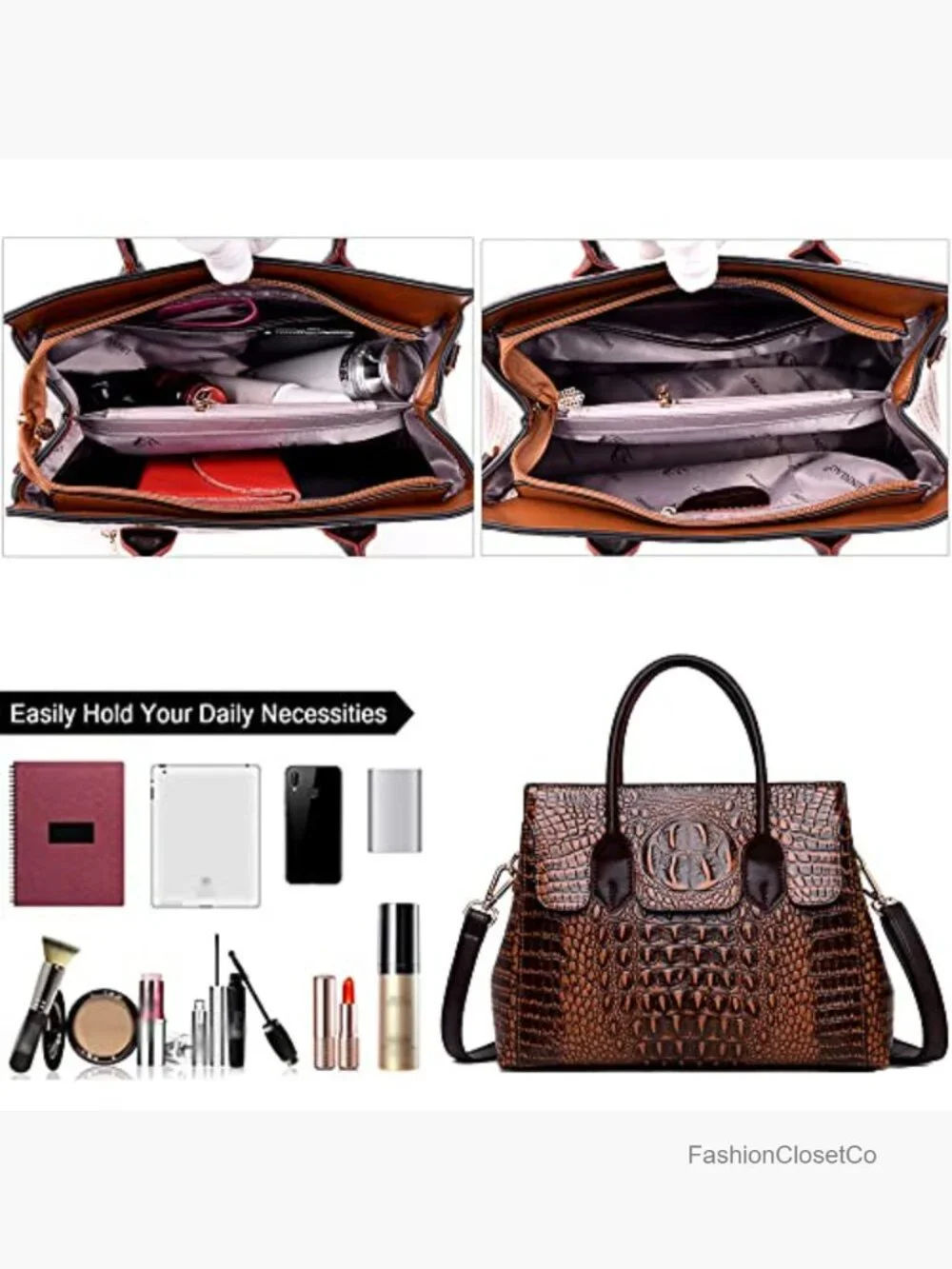 Women Crocodile Pattern Faux Leather Satchel Top-Handle Shoulder Bag